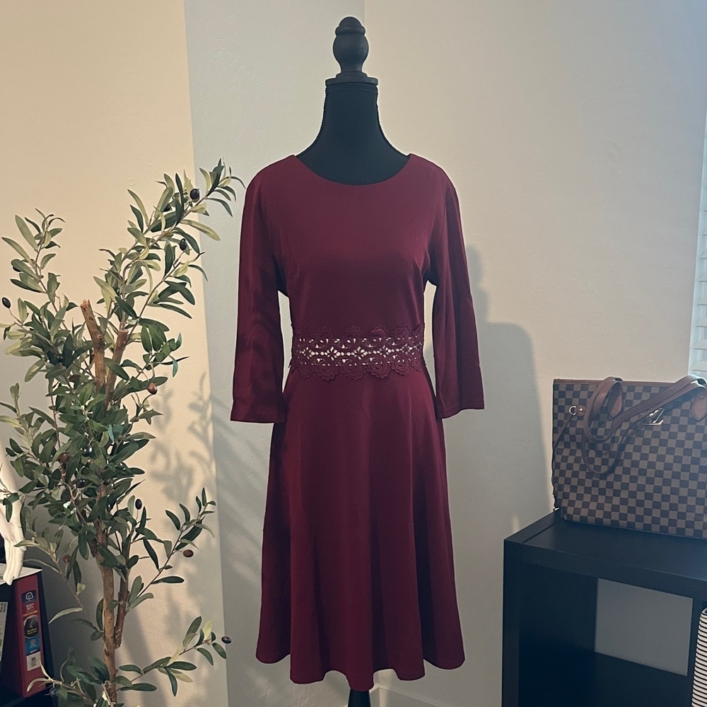 Elegant Burgundy Lace-Trim Dress